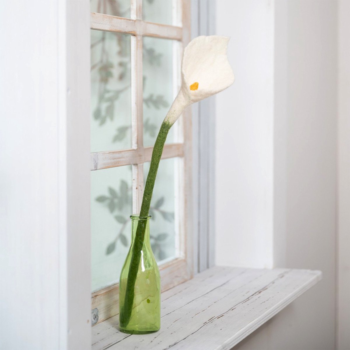Sjaal met Verhaal Fairtrade Vilt - Bloem Calla Wit - Wit&Groen - 50cm - Homedeco Calla-Wit