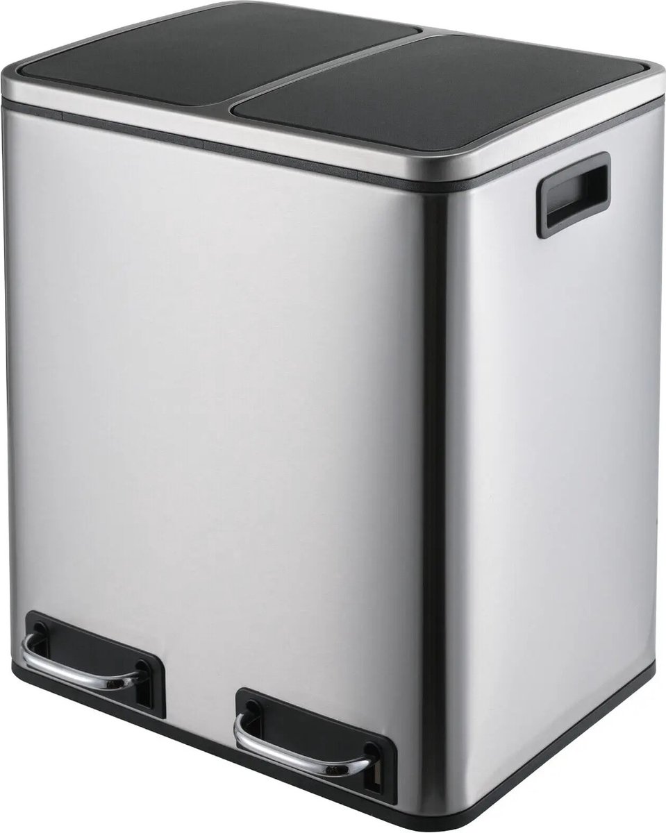 Goedkoopste Prullenbak van 30 liter (2 x 15L), Pedaalemmer met 2 Vakken - Duo Vuilbak - Afvalbak voor Afvalscheiding - Dubbele Vuilnisbak in RVS - Zilver