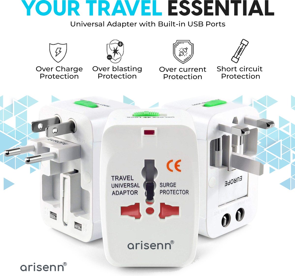 Arisenn® Wereldreiziger + USB : Alles-in-één Reisstekker voor 150+ Landen | USB & AC | Compact & Lichtgewicht | Perfect voor Reis & Thuis | 2 USB ports — cadeau in Gadgets - foto 7