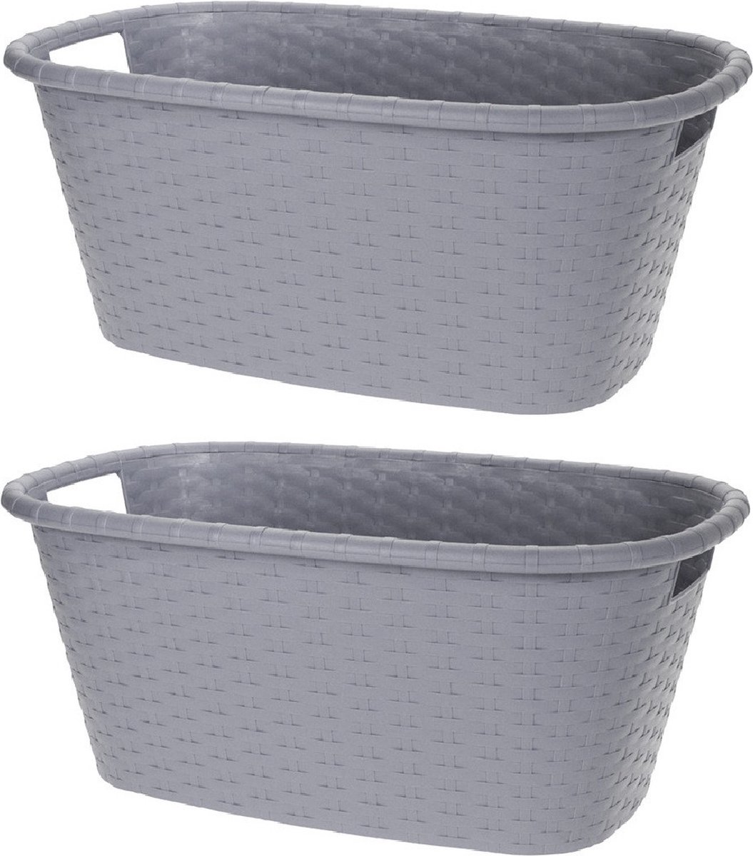 Goedkoopste 2x Grijze wasmanden 35 liter 60 x 40 x 25 cm - Kunststof/plastic draagmand - De was doen huishoudartikelen - Wasmanden/wasgoedmanden