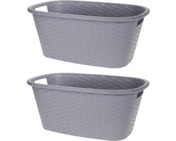 2x Grijze wasmanden 35 liter 60 x 40 x 25 cm - Kunststof/plastic draagmand - De was doen huishoudartikelen - Wasmanden/wasgoedmanden