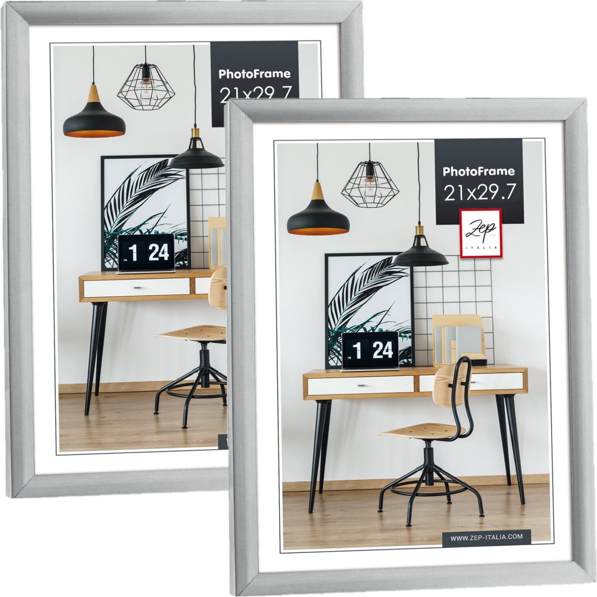 Zep Fotolijst - 2x stuks - zilver - kunststof - voor foto van 21 x 29 cm - staand / hangend