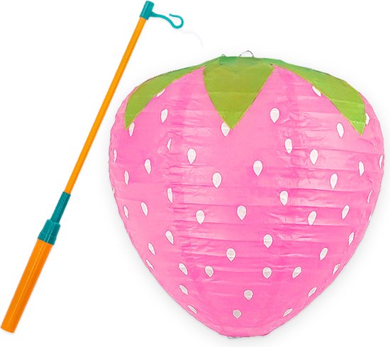 Lampion - Sint Maarten - Lampionstokje - Met Lichtje - Aardbei - Treklampion - Papier - Kind - Roze - Versiering - 1 Stuk
