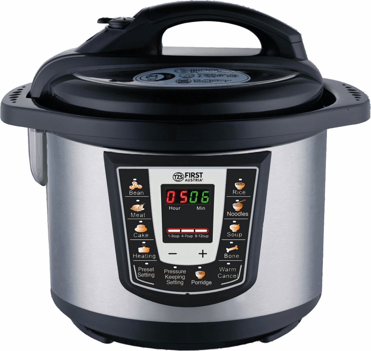 TZS First Austria Multicooker - 6L - 1000W - Snelkookpan - Rijstkoker - 9 Kookfuncties - RVS - Timer - Zilver