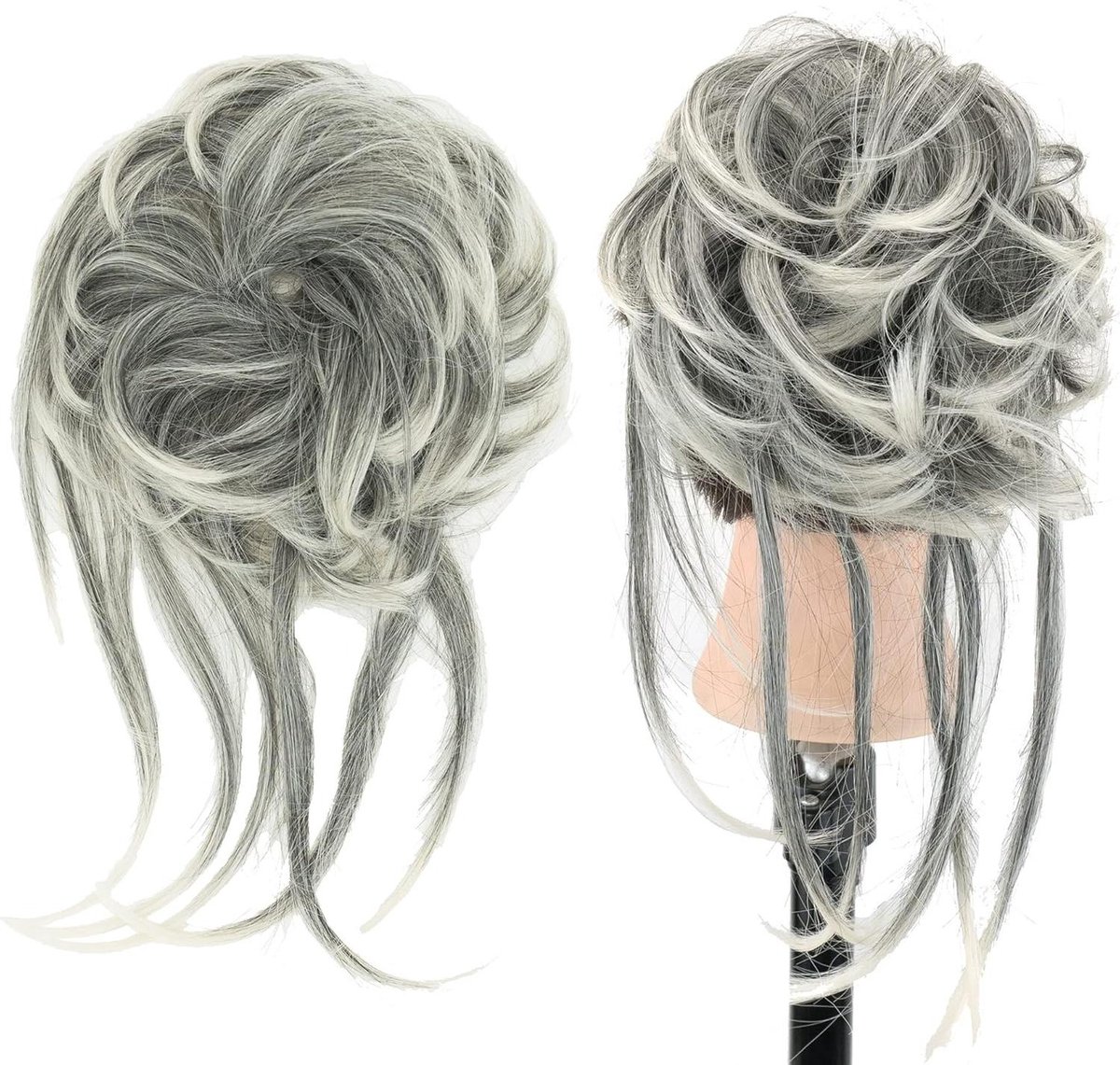 Rommelige Haar Knot Updo Lange Scrunchies Wrap Paardenstaart Golvende Haarstukken- Ombre Grijs