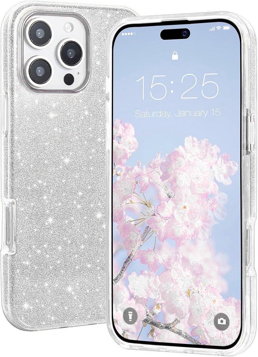 Casemania Hoesje Geschikt voor Apple iPhone 16 Pro Max - Zilver - Glitter Back Cover