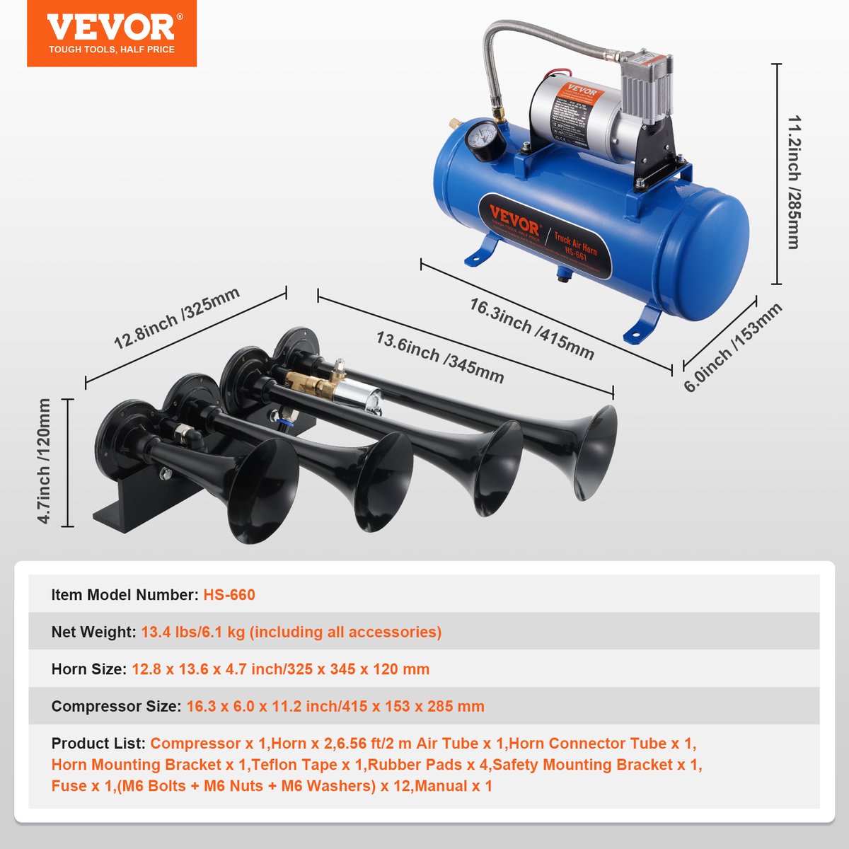 VEVOR 190W Train Horn Set, 4 Trumpet Air Horn Set, 150dB Pull Horn for Pickup Trucks, 12V 90-120PSI Air Compressor, 6L Tank with Pressure Gauge for Each 12V Vehicle, Car, Truck, Train