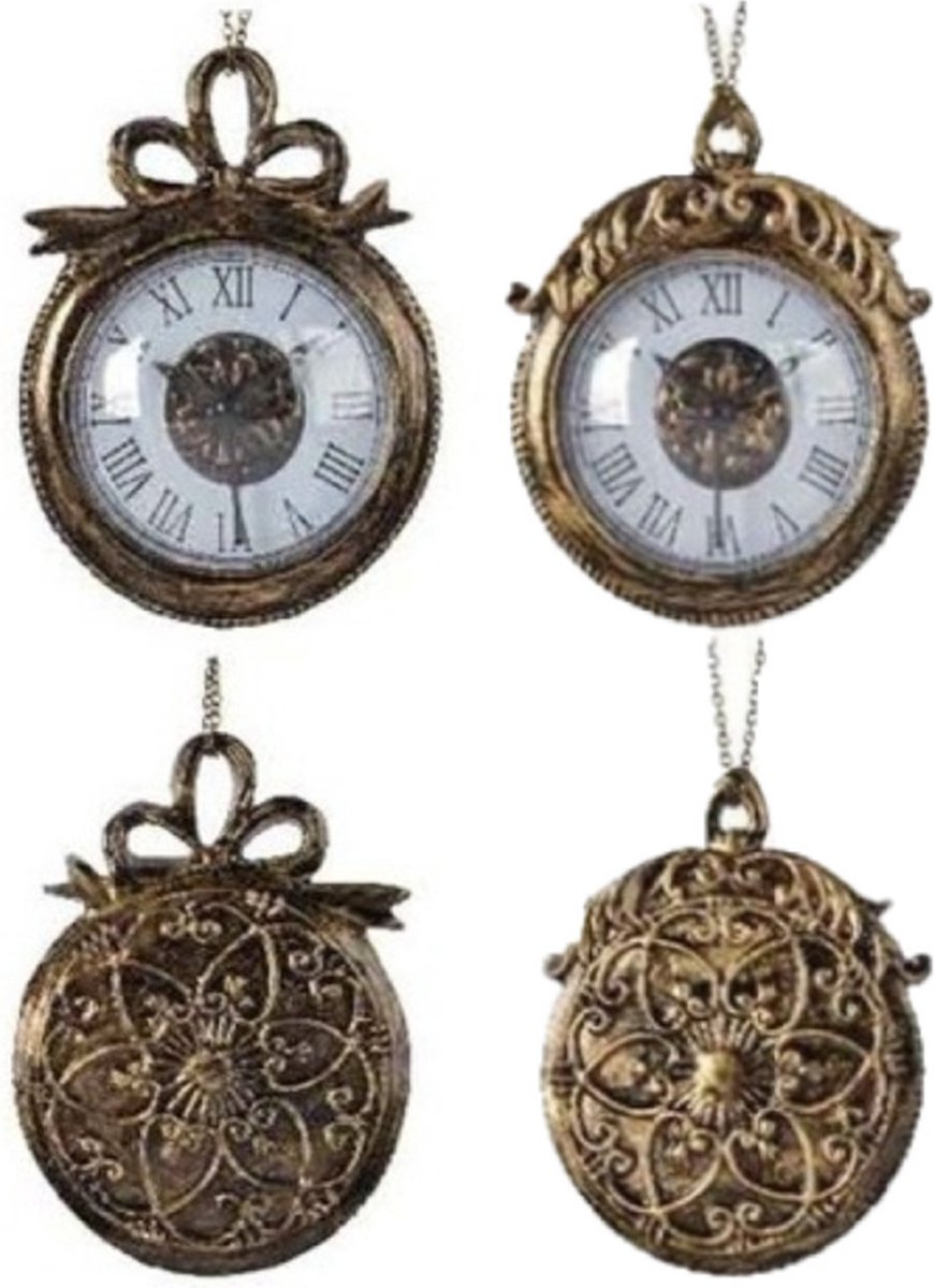 Decoris Kersthangers klok - messing - 13 cm - set van 2x - kerstboomversiering
