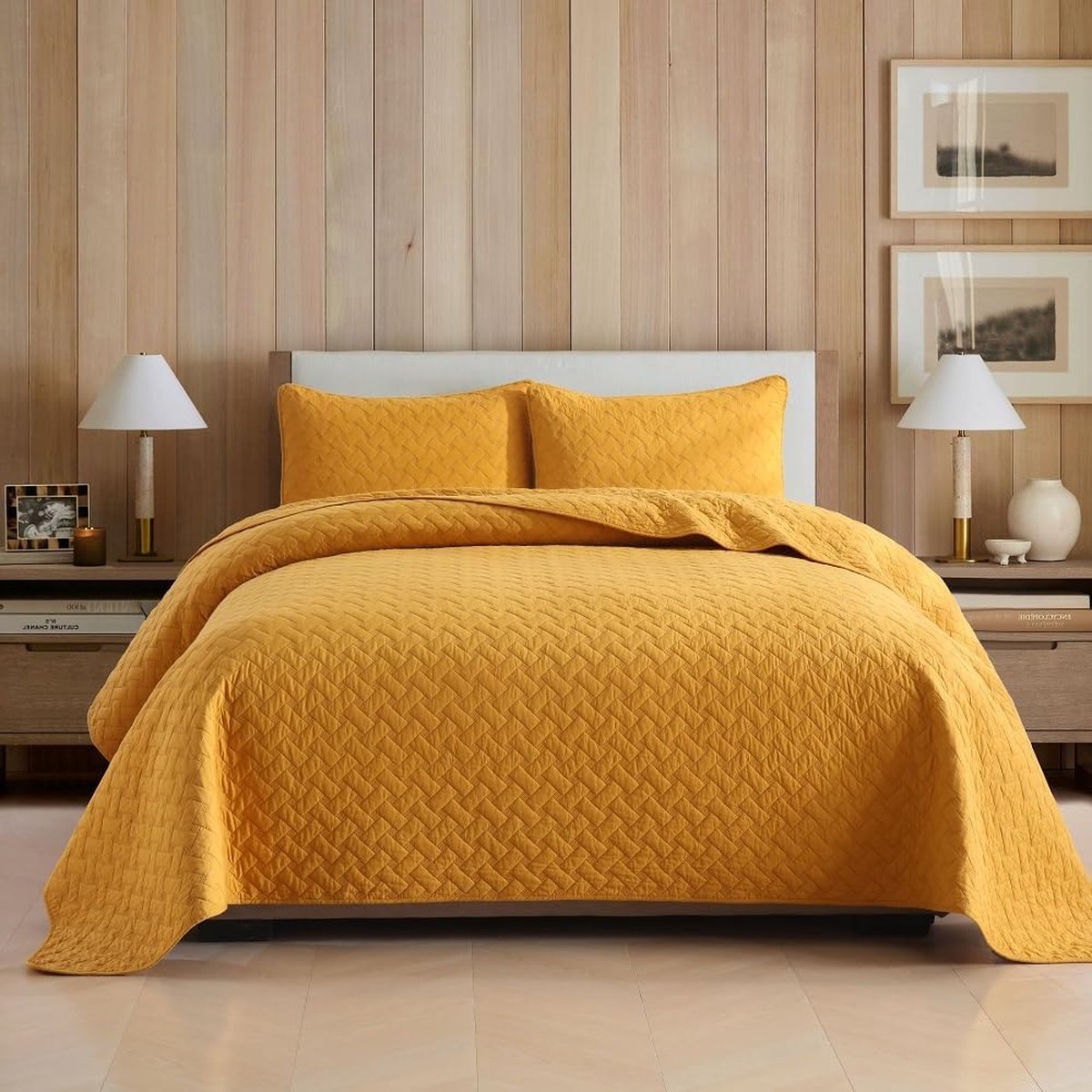 Goodivery ® Zachte Katoenen Bedsprei Set voor Tweepersoonsbed met Kussenhoezen, All-Season Dekbed, Geel, 230 x 250 cm