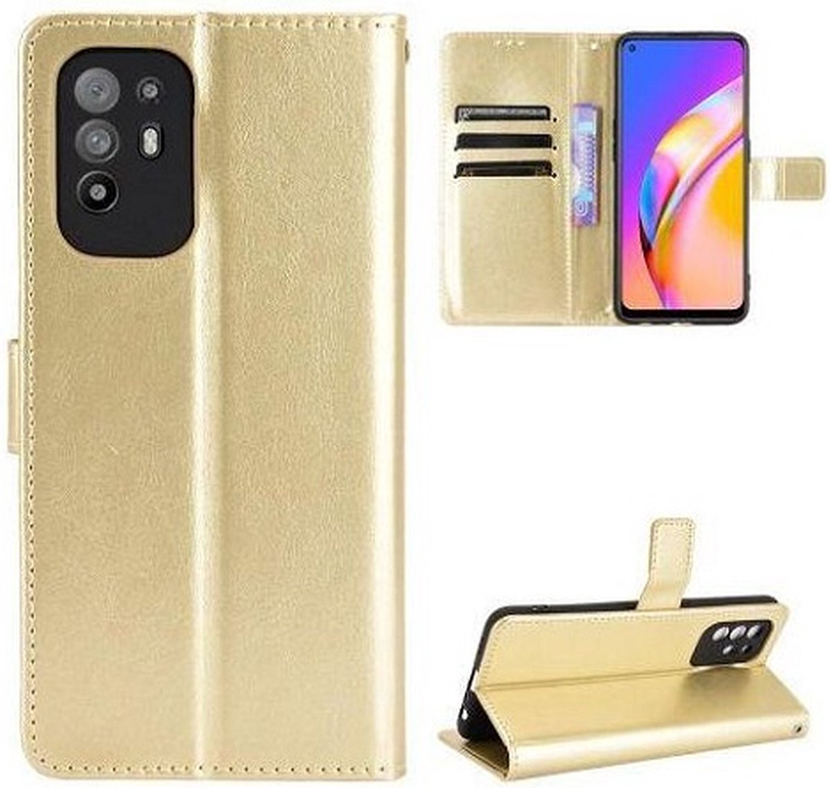 Oppo A94 4G Hoesje Met Pasjeshouder Bookcase Goud