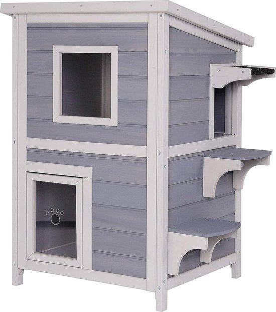 VOUNOT® Kattenhuis Van Hout, Weerbestendig Met Klapdeur In Kattenoren Design En Hoogte Verstelbare Poten Kattenhok Voor Buiten 57 X 45 43 Cm 2113706799