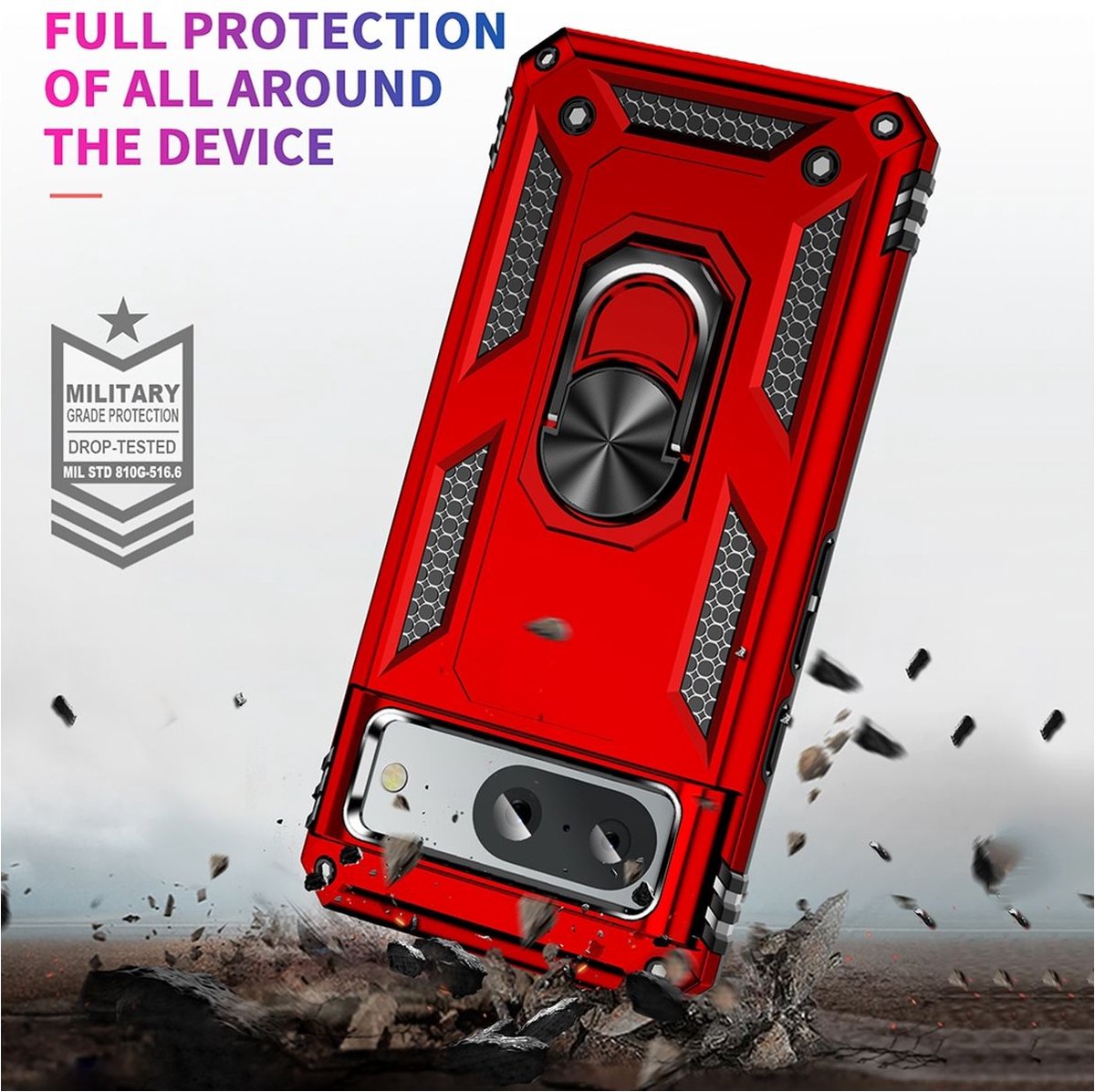 Mobigear Hoesje geschikt voor Google Pixel 8a Telefoonhoesje Hardcase | Mobigear Armor Ring Backcover Shockproof met Ringhouder | Schokbestendig Pixel 8a Telefoonhoesje | Anti Shock Proof - Rood