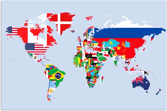 Carte du monde plate, chaque pays représenté par son drapeau national, sur fond bleu clair.