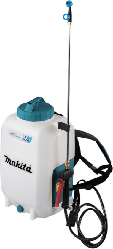Makita 15L accu drukspuit met spuitlans, slang en draagriemen.