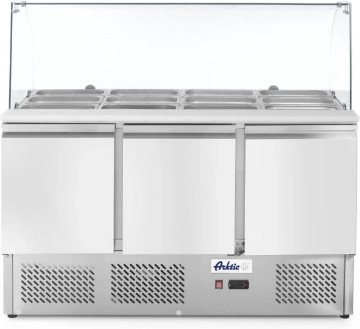 Arktic Saladette - KitchenLine - 380L - 3 Deuren 1/1 GN - Boven 4x 1/1 GN - -2°C/+8°C - Geforceerd - Glasopzet + Snijblad - 1365x700x880/1300mm - Horeca Oven