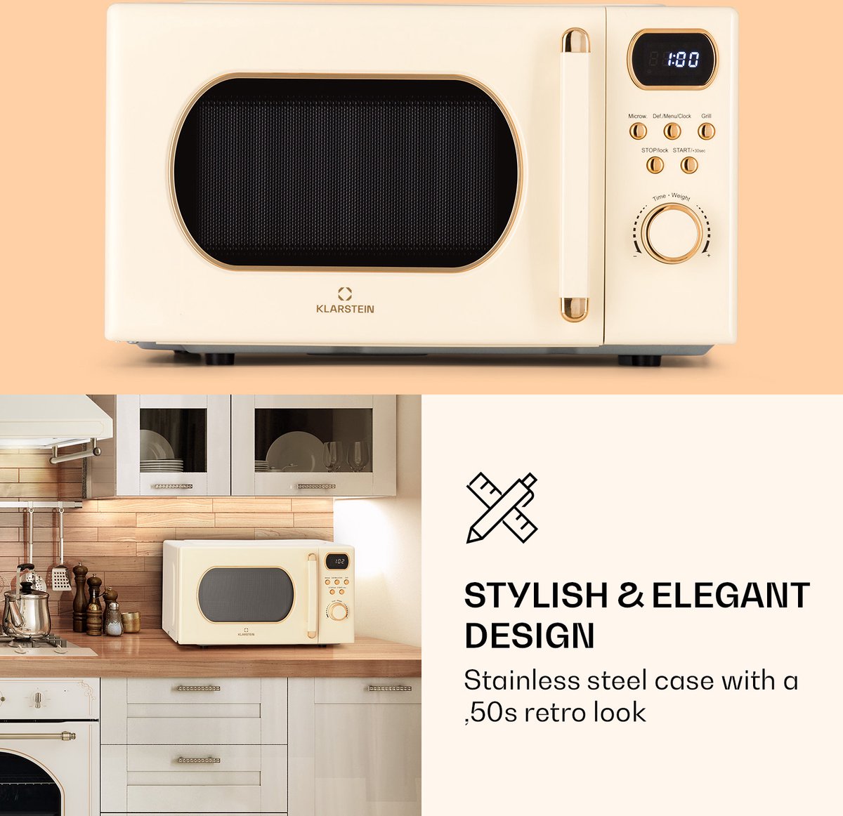Klarstein Magnetron met Grill, 800 W, 20 Liter, 3-in-1 RVS Crème, Met Ontdooien en Pizzafunctie, Draaiplateau, Compact thumbnail 3
