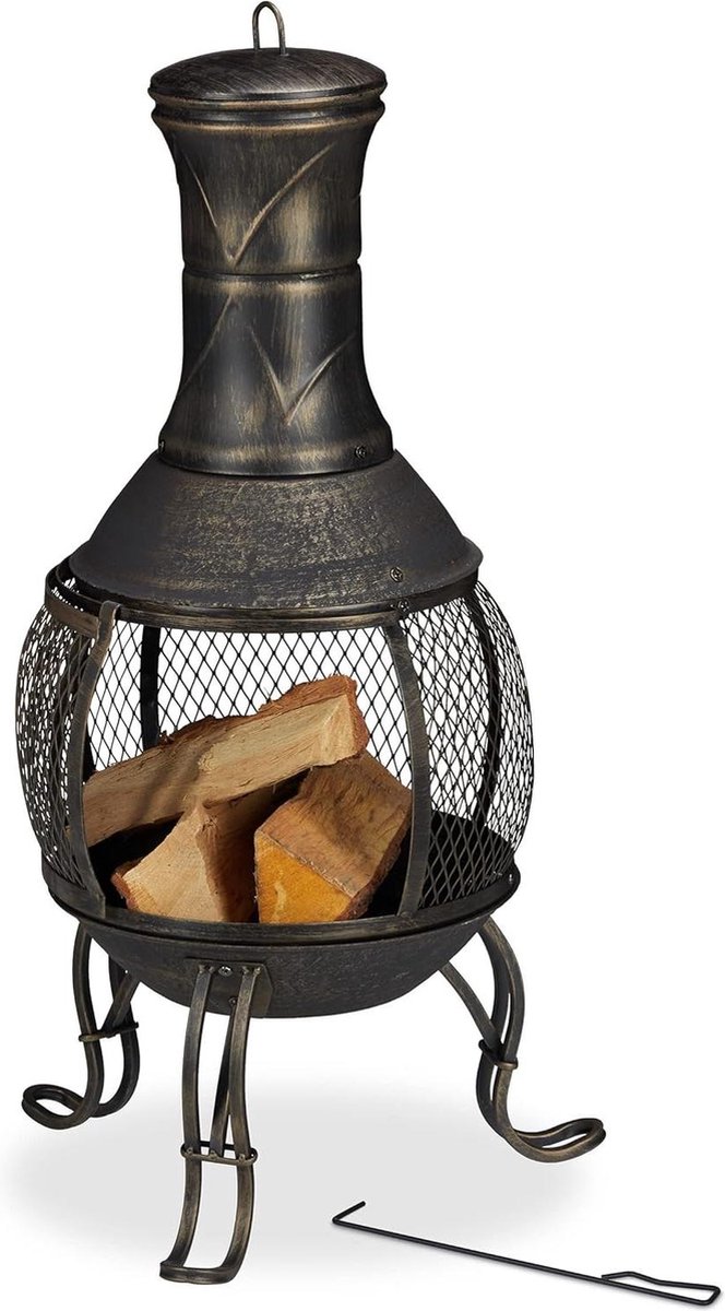 Gietijzeren en stalen tuinhaard met vonkenscherm, pook en pijp - H x Ø: 88 x 36 cm - zwart/goud - regenklep