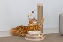 Oranje Maine Coon kat ligt in de houten speeltoren van de krabpaal, met zijn poot tegen de jute paal.