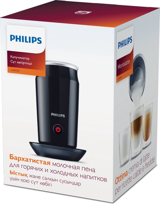 Doos van de Philips melkopschuimer CA6500, met afbeelding van het apparaat en opgeschuimde melk in glazen.