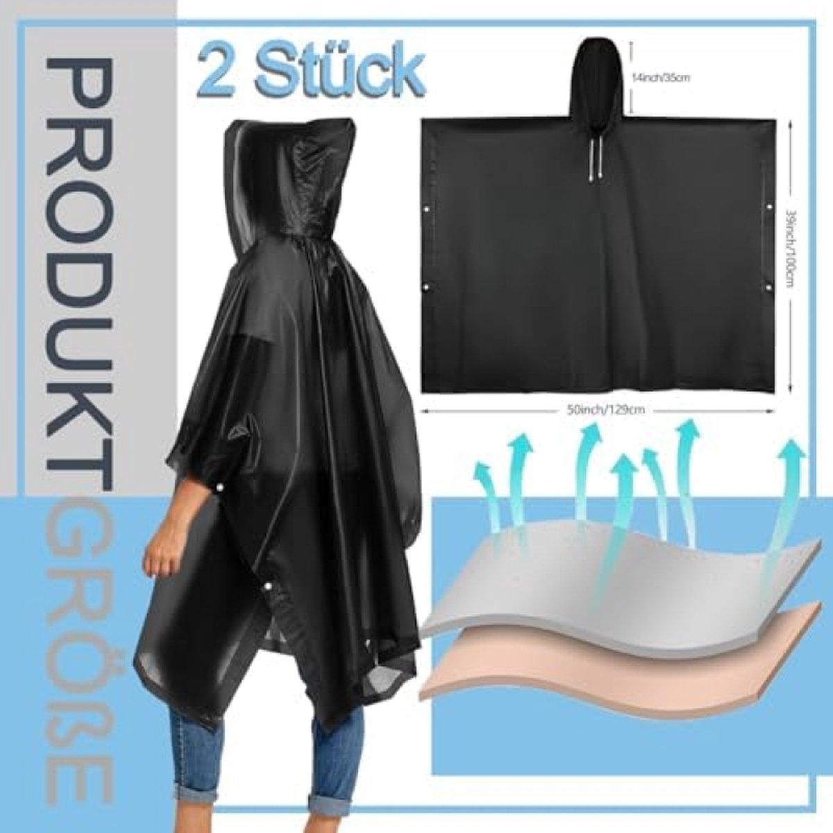 Waterdichte poncho, 2 stuks, waterdicht, voor dames en heren, poncho, fietsen, wandelen, kamperen, kamperen, Blauw, Eén maat