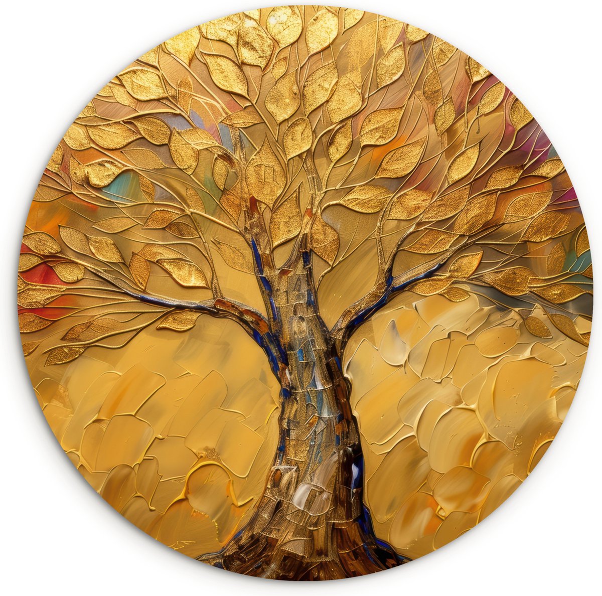 WallCircle Wandcirkel 60x60 cm - Muurcirkel Goud - Boom - Abstract - Modern - Kunst - Natuur - Verf - Bos - Herfst - Muurdecoratie cirkel woonkamer - Wanddecoratie slaapkamer - Kamer decoratie accessoires - Ronde schilderijen binnen