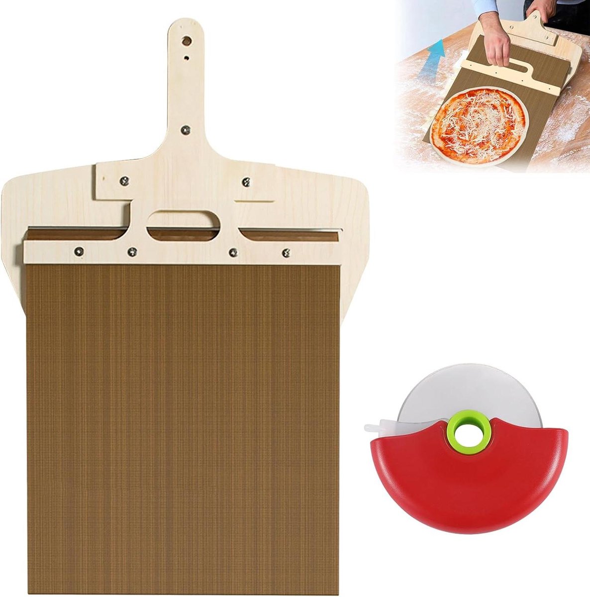 Pizzaschep 55 x 35 cm anti-aanbaklaag - perfecte overdracht met pizzasnijder