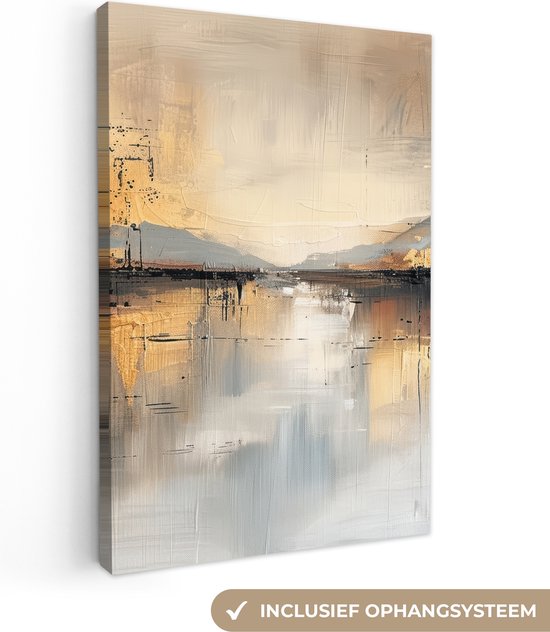 Peinture abstraite aux tons dorés et beiges, avec le texte : Système de suspension inclus.