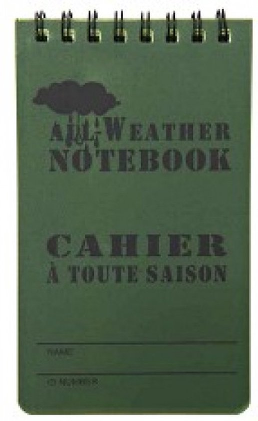 Groen All Weather Notebook notitieboek met regenwolk symbool en tekst.