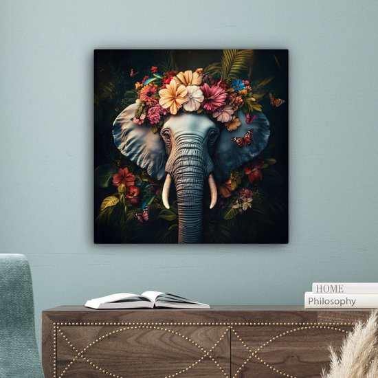 Tableau sur toile 50x50 cm - Décoration murale Éléphant - Animaux - Fleurs - Nature - Décoration murale salon - Décoration chambre - Accessoires chambre - Peintures