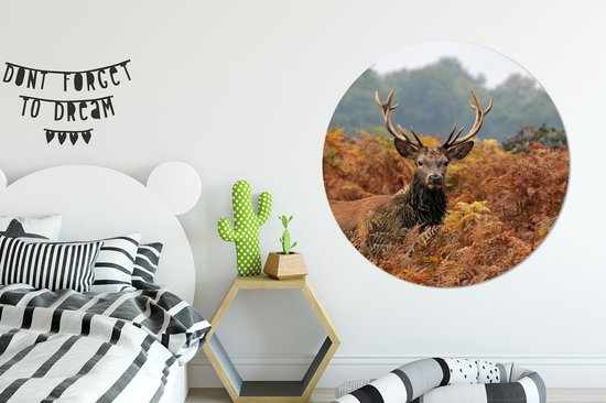 Een rond schilderij van een hert met geweien in herfstbos, hangt boven een bed met zwart-wit gestreept beddengoed.