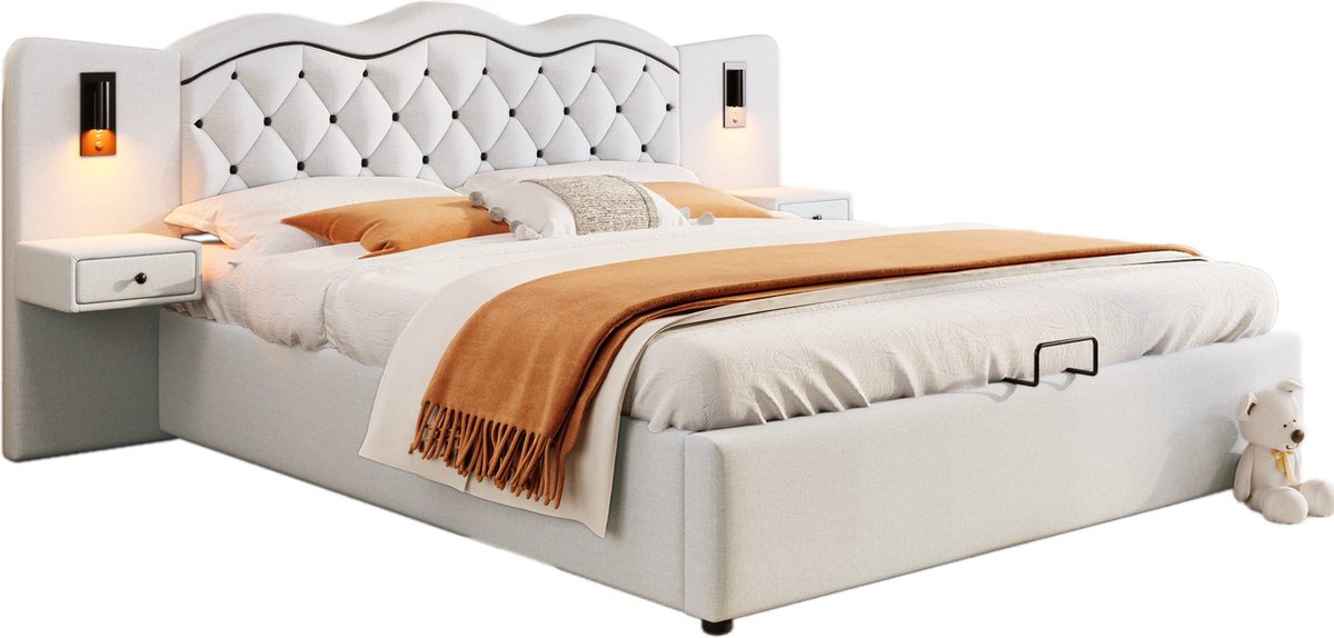 Merax 180x200 Kingsize Bed - Beige - Tweepersoonsbed met Geïntegreerd Hoofdbord - Hydraulisch Opbergsysteem - USB-poorten - Verlichting en Opbergruimte