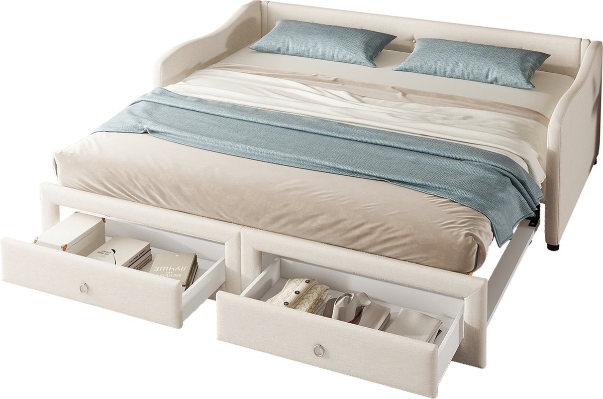 Merax Slaapbank 90x200 cm met extra Uitrolbed - Bed met 2 Lades – Beige Linnen