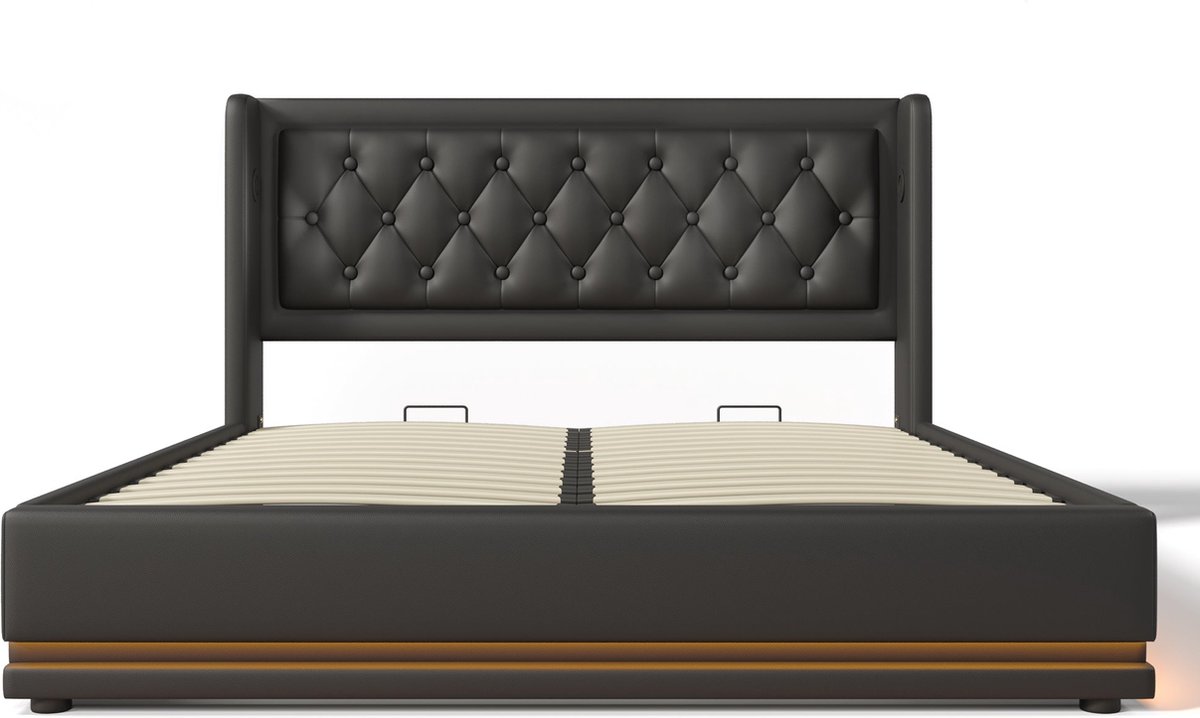 Merax 140x200 cm Hydraulisch Opbergbed - Zwart PU-Leder met 7-zone Koudschuimmatras - LED-verlichting en USB Type-C Oplaadfunctie