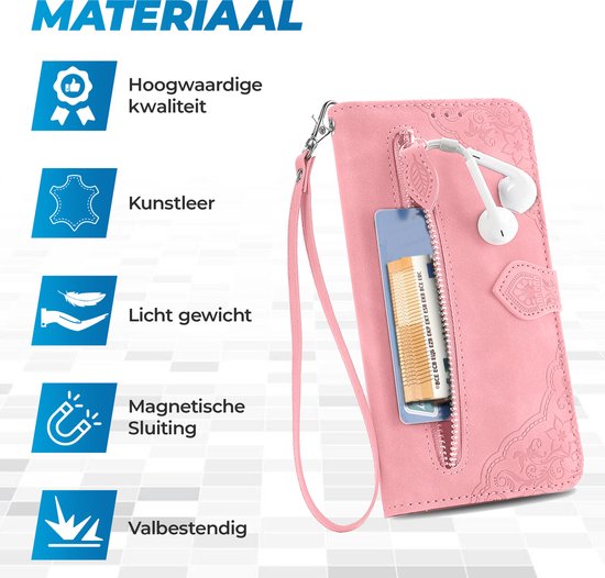 Coque adaptée pour iPhone 16 - Bookcase - Cordon - Porte-cartes - Portefeuille - Motif fleurs - Simili cuir - Rose