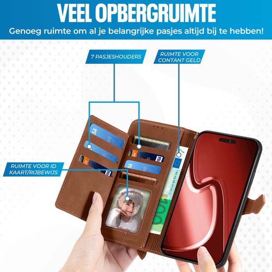 Étui de type livre marron avec téléphone, cartes et argent. Montre 7 porte-cartes et espace pour l'argent liquide. Texte : "Beaucoup d'espace de rangement. Assez d'espace pour avoir toujours toutes vos cartes avec vous ! 7 porte-cartes. Espace pour l'argent liquide. Espace pour carte d'identité/permis de conduire."