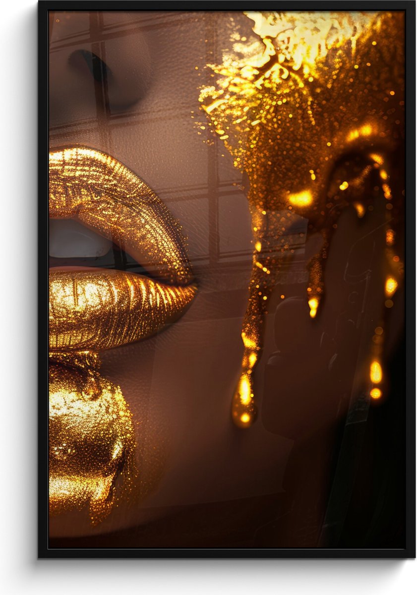 Poster in lijst - Fotolijst 80x120 cm - Posters - Vrouw - Goud - Gezicht - Verf - Lippen -