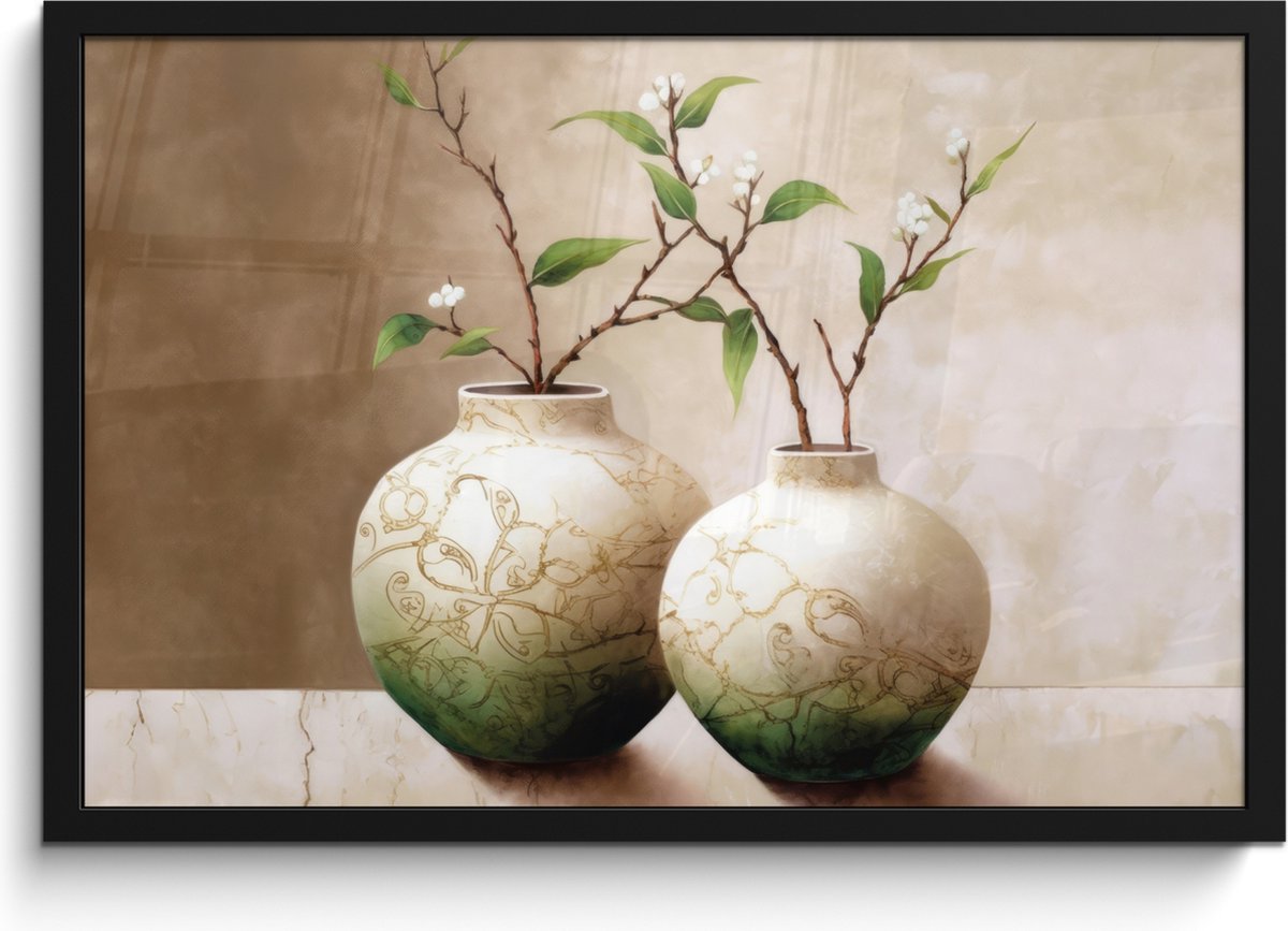 FrameYourWall Poster in lijst - Fotolijst 60x40 cm - Posters - Bloemen - Vaas - Wit - Botanisch - Beige - Posterlijst zwart - Wanddecoratie badkamer - Muurdecoratie WC - Decoratieve accessoires - Toilet muur decoratie Beige - Vazen