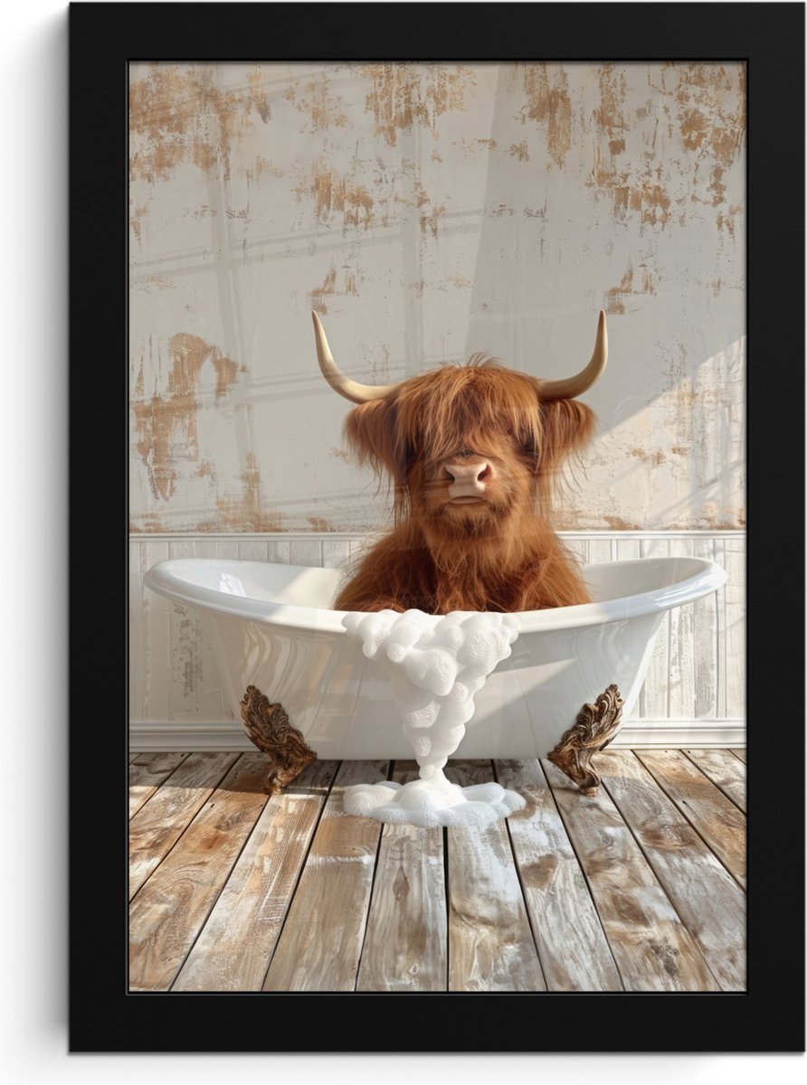 FrameYourWall Poster in lijst - Fotolijst 20x30 cm - Posters - Schotse hooglander - Badkuip - Vintage - Koe - Posterlijst zwart - Wanddecoratie badkamer - Muurdecoratie WC - Decoratieve accessoires - Toilet muur decoratie