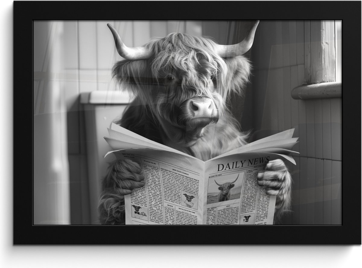 Poster in lijst - Fotolijst 30x20 cm - Posters - Schotse hooglander - Koe - Krant - WC - Z