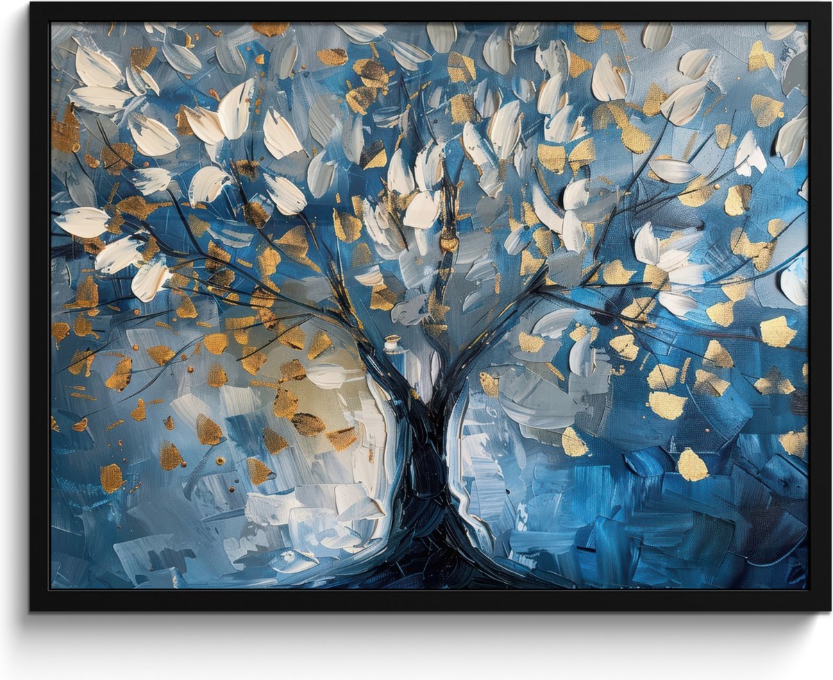 FrameYourWall Poster in lijst - Fotolijst 80x60 cm - Posters - Boom - Blauw - Goud - Abstract - Posterlijst zwart - Decoratie - Wanddecoratie woonkamer - Muurdecoratie slaapkamer Blauw - Levensboom