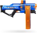 Blauwe en oranje speelgoedblaster XSHOT Insanity met rond pijltjes magazijn.