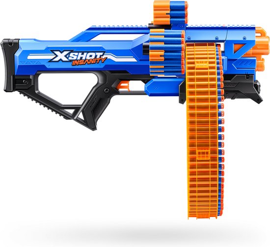 Blauwe en oranje speelgoedblaster XSHOT Insanity met rond pijltjes magazijn.
