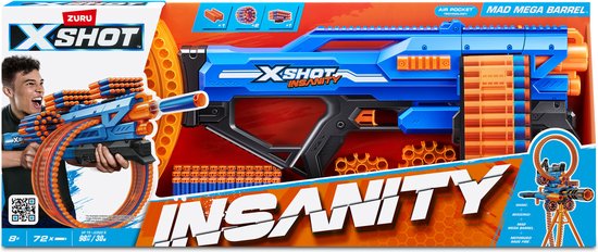 Doos van de XSHOT Insanity Mad Mega Barrel speelgoedblaster, blauw met oranje details, met afbeelding van een jongen.