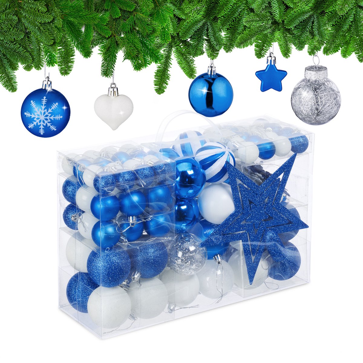 kerstballen - set van 101 - plastic - onbreekbaar - kerstpiek ster - blauw/wit