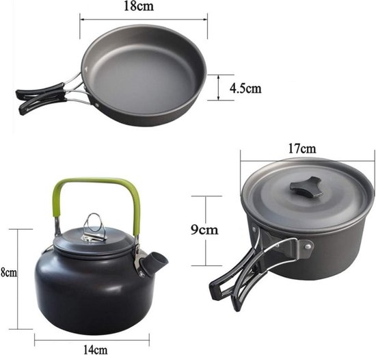 SMH LINE Camping Kookset - Opvouwbare Pannenset Voor 2-3 Personen, Inclusief Steelpan, Pan En Theepot (met Tas, Lepel, Kommetjes)