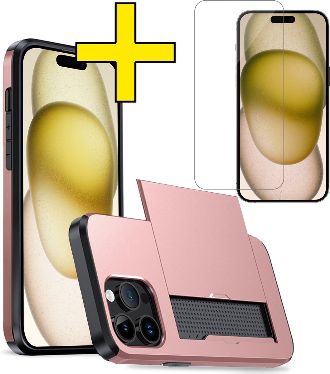 Hoesje Geschikt voor iPhone 15 Pro Max Hoesje Case Pashouder Hard Cover Met Screenprotector - Hoes Geschikt voor iPhone 15 Pro Max Hoesje Met Kaarthouder - Rosé goud