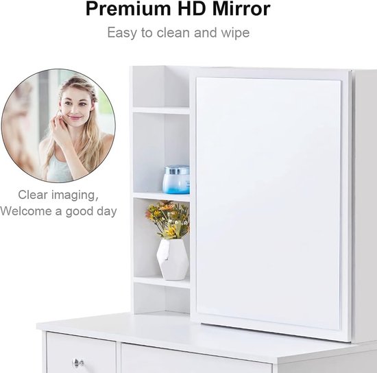 Klein Make up Tafel met Led-Verlichte Spiegel, Witte Kaptafel met Kruk en 2 Laden, Make-up Commode voor Meisjes Vrouwen (Size : 50cm(20inch