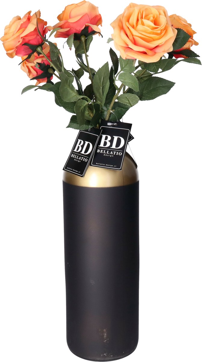 Bellatio Design Kunstbloem Roos Dijon - 5x - 64 cm - oranje - zijde kunstbloemen - Boeket - stelen - rozen