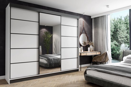 Kledingkast-Opbergkast-Spiegel-Kledingkasten Slaapkamer-Kleding Kast-Roedestang-Legplanken-Schuifdeurkast-Amo Wit Zwart 250 cm