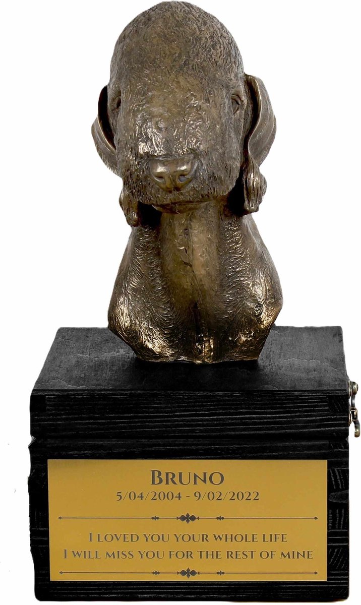 Urn met gravure en sculptuur van Bedlington Terrier hond